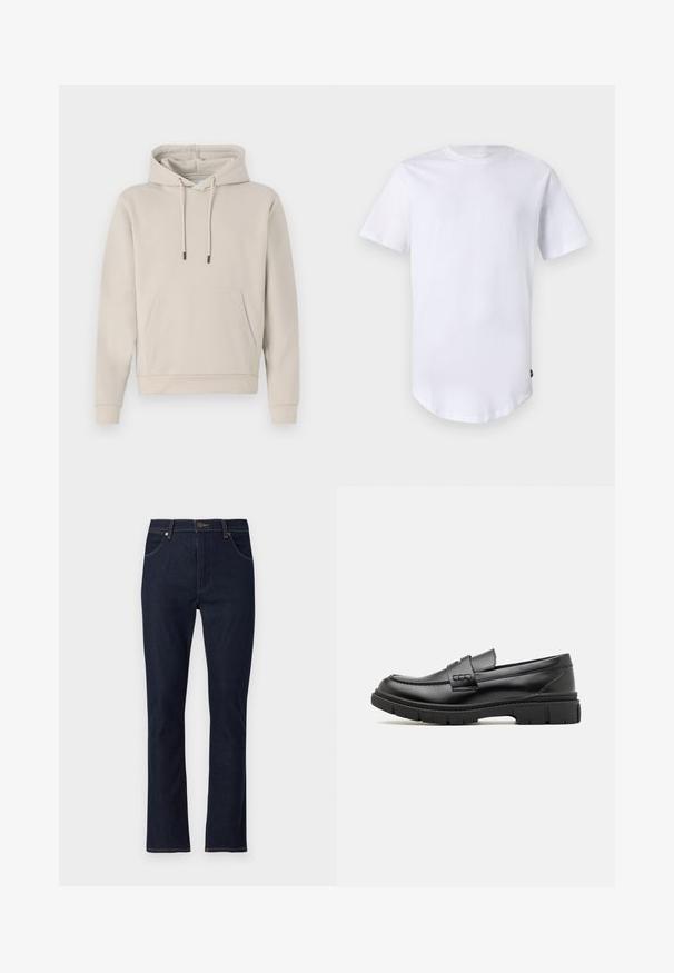Sweat-shirt à capuche beige clair, avec une poche avant, des cordons de serrage et des poignets côtelés. Fabriqué en tissu doux et lisse avec une coupe décontractée.; T-shirt blanc à manches courtes en coton. Design à col rond avec un ourlet arrondi. Étiquette visible sur le côté inférieur gauche. Texture lisse.; Jean droit en denim bleu foncé avec poches avant, passants de ceinture et fermeture à bouton.; Mocassin en cuir noir avec une large sangle sur le devant, semelle en caoutchouc à épaisse rainure, et texture lisse. Design classique et élégant.