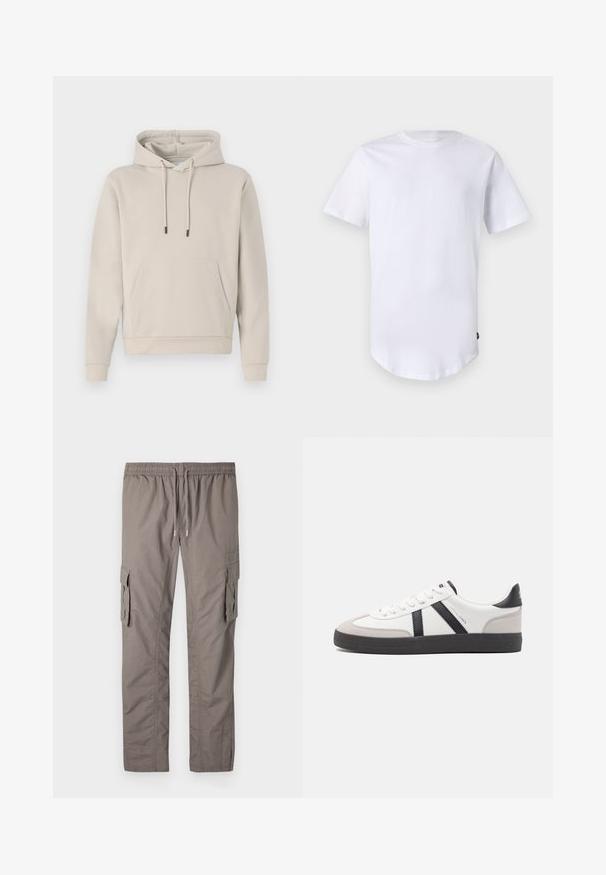 Sudadera con capucha en color beige claro, que cuenta con un bolsillo frontal, cordones y puños acanalados. Fabricada en tejido suave y liso con un corte relajado.; Camiseta blanca de manga corta hecha de algodón. Diseño de cuello redondo con dobladillo curvado. Etiqueta visible en el lado inferior izquierdo. Textura suave.; Pantalones cargo grises con una cinturilla elástica y cordón, dos bolsillos laterales tipo cargo y un tejido suave y ligero.; Zapatilla blanca con acentos en negro y gris, que presenta una puntera texturizada en gris, suela de goma negra y cordones planos blancos. Diseño limpio, estilo minimalista.