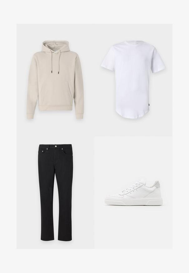 Sweat-shirt à capuche beige clair, avec une poche avant, des cordons de serrage et des poignets côtelés. Fabriqué en tissu doux et lisse avec une coupe décontractée.; T-shirt blanc à manches courtes en coton. Design à col rond avec un ourlet arrondi. Étiquette visible sur le côté inférieur gauche. Texture lisse.; Jean en denim noir avec une coupe droite, comportant cinq poches et des accessoires en métal argenté, avec une texture lisse. Sans motifs ni accents.; Des baskets en cuir blanc avec une finition lisse, un bout rond, des lacets plats et une semelle texturée. Accents en daim gris au niveau du talon.