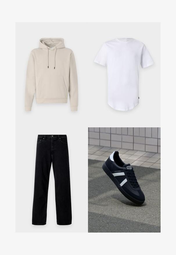Hoodie in lichtbeige, met een voorzak, trekkoorden en geribbelde manchetten. Gemaakt van zacht, glad materiaal met een losse pasvorm.; Witte katoenen t-shirt met korte mouwen. Rond de hals ontwerp met een gebogen zoom. Label zichtbaar aan de onderste linkerzijde. Gladde textuur.; Hollister Co. Baggy jeans - washed black; Zwarte leren sneaker met witte strepen, een gestructureerde rubberen zool en vetersluiting aan de voorkant. Voorzien van een merklabel op de tong.