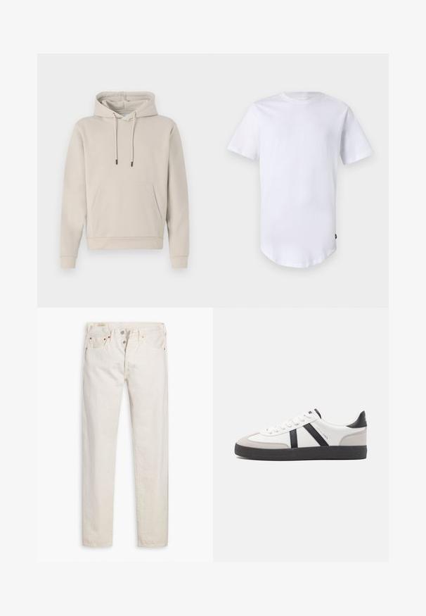 Hættebluse i lys beige med en frontlomme, snoretræk og ribbede manchetter. Lavet af blødt, glat stof med en afslappet pasform.; Hvid kortærmet t-shirt lavet af bomuld. Rund halsudskæring med en buet kant. Etiket synlig på nederste venstre side. Glat tekstur.; Off-white high-waisted slim-fit jeans med knaplukning, fem lommer og kobbernitter, lagt fladt på en hvid baggrund.; Hvide sneakers med sorte og grå detaljer, med en tekstureret grå tåhætte, sort gummisål og flade hvide snørebånd. Rent design, minimalistisk stil.