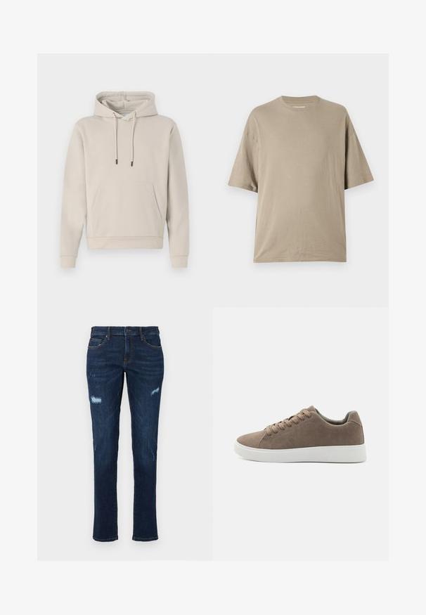 Kapuzensweatshirt in hellbeige, mit einer Fronttasche, Kordelzügen und gerippten Bündchen. Aus weichem, glattem Stoff gefertigt mit einer lockeren Passform.; Beige T-Shirt mit kurzen Ärmeln, aus weicher Baumwolle, mit Rundhalsausschnitt und lockerer Passform, glatter Textur und minimaler Gestaltung.; Dunkelblaue Denim-Jeans im geraden Schnitt, mit abgetragenen Rissen an den Knien, traditionellen Taschen und sichtbaren kontrastierenden Nähten.; Braune Wildledersneaker mit flachen weißen Gummisohlen, Schnürdesign, abgerundete Zehen und einer glatten Textur. Minimalistischer Stil mit dezenten Nähdetails.