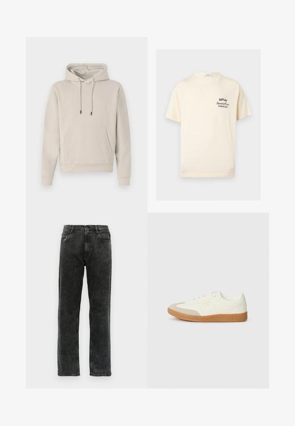 Hættebluse i lys beige med en frontlomme, snoretræk og ribbede manchetter. Lavet af blødt, glat stof med en afslappet pasform.; Kremfarvet T-shirt med korte ærmer med sort tekst "REPLAY Squadra Corse ADRENALINA" på venstre bryst og rund halsudskæring.; Sorte denimjeans med lige ben, der har fem lommer, knaplukning og diskret udvaskning langs stoffet.; Sneaker lavet af hvid læder med en beige tåhætte og let brunt gummisål. Har flade hvide snørebånd og prægede branding på siden.