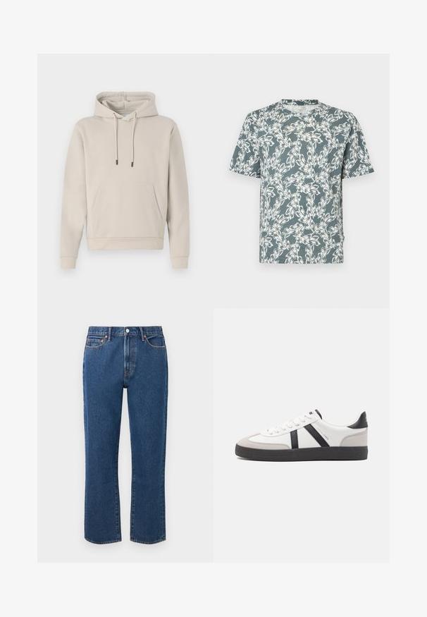 Hættebluse i lys beige med en frontlomme, snoretræk og ribbede manchetter. Lavet af blødt, glat stof med en afslappet pasform.; Kortærmet T-shirt i teal-farve med et hvidt blomsterdesign. Fremstillet af letvægtsstof med en afslappet pasform.; Blå straight-leg jeans lavet af denim, med knaplukning, fem lommer og kontrasterende orange stikninger.; Hvide sneakers med sorte og grå detaljer, med en tekstureret grå tåhætte, sort gummisål og flade hvide snørebånd. Rent design, minimalistisk stil.