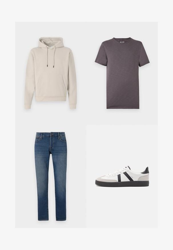 Kapuzensweatshirt in hellbeige, mit einer Fronttasche, Kordelzügen und gerippten Bündchen. Aus weichem, glattem Stoff gefertigt mit einer lockeren Passform.; Graues T-Shirt mit kurzen Ärmeln aus weichem Stoff. Es hat einen Rundhalsausschnitt und eine glatte, leicht strukturierte Oberfläche. Einfaches, klassisches Design.; Schmal geschnittene blaue Jeans mit leichtem Verblassen an den Oberschenkeln, Fünf-Taschen-Design, Knopfverschluss und geradem Beinanschnitt auf einem weißen Hintergrund.; Weiße Sneaker mit schwarz- und grau-aczenten, ausgestattet mit einer strukturierten grauen Zehenkappe, schwarzer Gummi-Sohle und flachen weißen Schnürsenkeln. Sauberes Design, minimalistische Stil.