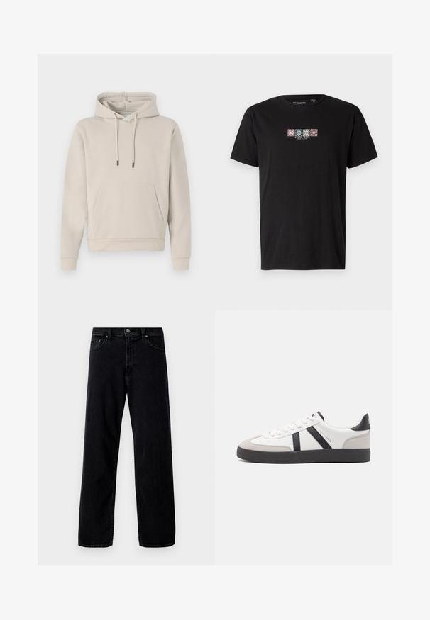Hættebluse i lys beige med en frontlomme, snoretræk og ribbede manchetter. Lavet af blødt, glat stof med en afslappet pasform.; Sort bomulds t-shirt med en frontgrafik af fire farverige geometriske mønstre med teksten "BRAVE SOUL EST. 1972" i midten.; Hollister Co. Baggy jeans - washed black; Hvide sneakers med sorte og grå detaljer, med en tekstureret grå tåhætte, sort gummisål og flade hvide snørebånd. Rent design, minimalistisk stil.