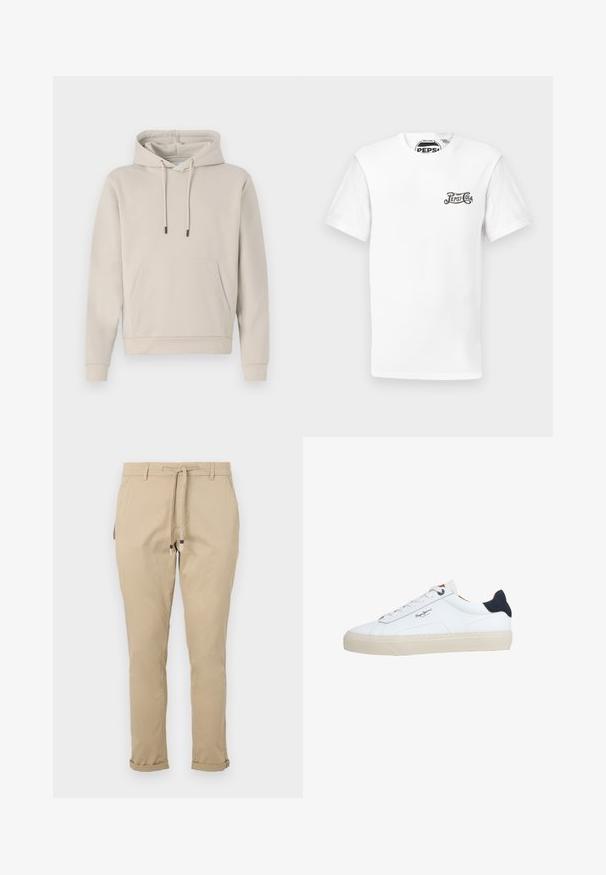 Sweat-shirt à capuche beige clair, avec une poche avant, des cordons de serrage et des poignets côtelés. Fabriqué en tissu doux et lisse avec une coupe décontractée.; T-shirt blanc à manches courtes avec col rond et petit logo noir "Pepsi-Cola" sur la poitrine gauche et étiquette de marque dans le cou.; Pantalons beiges à cordon de serrage avec une coupe fuselée, dotés de poches latérales et de bas de jambes resserrés pour un design épuré. Fabriqués en tissu léger.; Baskets basses blanches avec semelle beige, lacets blancs, languette de talon noire et logo "Pepe Jeans London" sur le côté.