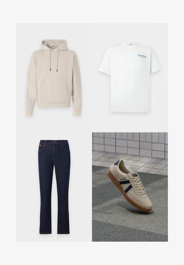 Kapuzensweatshirt in hellbeige, mit einer Fronttasche, Kordelzügen und gerippten Bündchen. Aus weichem, glattem Stoff gefertigt mit einer lockeren Passform.; Weißes T-Shirt mit kurzen Ärmeln und kleinem blauem Text "replayhouse japanese dining room" auf der oberen linken Brust.; Dunkelblaue Jeans mit geradem Bein, vorderem Knopf und Reißverschluss, Taschen vorne und hinten sowie braunen Nähten.; Beige Sneaker mit strukturierter Oberfläche, dunkelblauen Streifen und Gummisohle. Verfügt über eine gepolsterte Zunge und ein traditionelles Schnürsystem für einen sicheren Sitz.