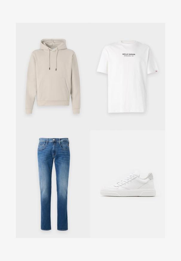 Hoodie in lichtbeige, met een voorzak, trekkoorden en geribbelde manchetten. Gemaakt van zacht, glad materiaal met een losse pasvorm.; Witte katoenen T-shirt met korte mouwen, voorzien van een zwart bedrukt logo met de tekst "REPLAY GARAGE ESTABLISHED 1981" aan de voorkant.; Heren blauwe denim jeans met een vervaagde was, straight leg ontwerp, vijf zakken en een sluiting met een knoop aan de voorkant. Gestikte accenten op de zakken.; Witte leren sneakers met een gladde afwerking, ronde neus, platte veters en een gestructureerde zool. Grijze suède accent bij de hiel.