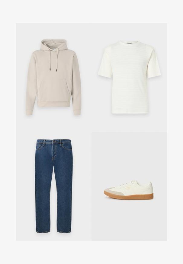 Hættebluse i lys beige med en frontlomme, snoretræk og ribbede manchetter. Lavet af blødt, glat stof med en afslappet pasform.; Hvid kortærmet T-shirt lavet af tekstureret stof med et subtilt vandret mønster. Rund hals design, afslappet pasform.; Mørkeblå denim jeans med lige pasform, der har fem lommer og knaplukning. Stoffet har en synlig struktur og subtil stribing.; Sneaker lavet af hvid læder med en beige tåhætte og let brunt gummisål. Har flade hvide snørebånd og prægede branding på siden.