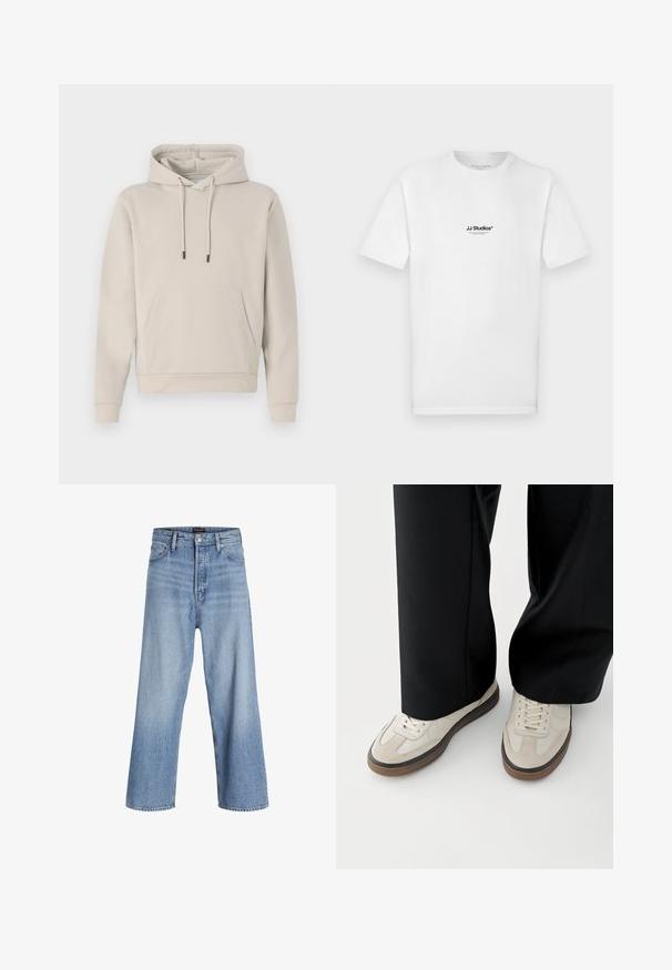 Hoodie in lichtbeige, met een voorzak, trekkoorden en geribbelde manchetten. Gemaakt van zacht, glad materiaal met een losse pasvorm.; Wit katoenen T-shirt met korte mouwen en een ronde hals. Voorzien van een klein zwart "JJ Studios"-logo op de borst.; Lichtblauwe denim wijdvallende jeans met een hoge taille, voorzien van een knoopsluiting, vijf pockets en subtiele vervaging. Schoon afgewerkte zoom.; Voeten met beige sneakers met bruine zolen en zwarte wijde broekspijpen op een witte achtergrond.