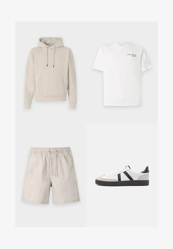 Kapuzensweatshirt in hellbeige, mit einer Fronttasche, Kordelzügen und gerippten Bündchen. Aus weichem, glattem Stoff gefertigt mit einer lockeren Passform.; Weißes Baumwoll-T-Shirt mit Rundhalsausschnitt. Auf der Vorderseite steht in grüner Schrift: "PARK MOTEL Resort." Es hat kurze Ärmel und eine lockere Passform. Glatte Textur.; Beige Shorts aus leichtem Stoff, mit elasticem Taillenbund, Zugband und Seitentaschen mit kontrastierender Naht.; Weiße Sneaker mit schwarz- und grau-aczenten, ausgestattet mit einer strukturierten grauen Zehenkappe, schwarzer Gummi-Sohle und flachen weißen Schnürsenkeln. Sauberes Design, minimalistische Stil.