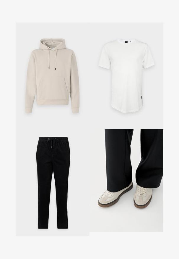 Sweat-shirt à capuche beige clair, avec une poche avant, des cordons de serrage et des poignets côtelés. Fabriqué en tissu doux et lisse avec une coupe décontractée.; T-shirt blanc à manches courtes en coton, avec un col rond et un dos légèrement allongé, arborant un petit logo sur le côté.; Pantalon en velours côtelé noir à jambe droite, taille élastique, cordon de serrage et poches latérales, présenté sur un fond uni.; Pieds portant des baskets beige avec des semelles marron et un pantalon noir à jambes larges sur fond blanc.