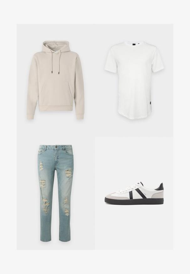 Sudadera con capucha en color beige claro, que cuenta con un bolsillo frontal, cordones y puños acanalados. Fabricada en tejido suave y liso con un corte relajado.; Camiseta blanca de manga corta hecha de algodón, con un escote redondo y una parte trasera ligeramente alargada, con un pequeño logotipo en el lateral.; Vaqueros desgastados de color azul claro con detalles rasgados y bordes deshilachados. Diseño clásico de cinco bolsillos y corte recto.; Zapatilla blanca con acentos en negro y gris, que presenta una puntera texturizada en gris, suela de goma negra y cordones planos blancos. Diseño limpio, estilo minimalista.