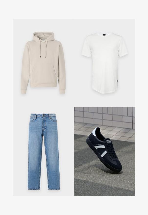 Hættebluse i lys beige med en frontlomme, snoretræk og ribbede manchetter. Lavet af blødt, glat stof med en afslappet pasform.; Hvid kortærmet t-shirt lavet af bomuld, med rund halsudskæring og en let forlænget ryg, samt en lille logoaccent på siden.; Lyseblå denimjeans med lige ben, der har en knap- og lynlås lukning, fem lomme-stil og subtilt slid.; Sort lædersneaker med hvide striber, tekstureret gummisål og snørrebånd foran. Har et brandet mærke på tungen.