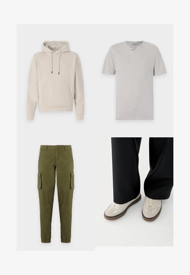 Hættebluse i lys beige med en frontlomme, snoretræk og ribbede manchetter. Lavet af blødt, glat stof med en afslappet pasform.; Kortærmet, grå og hvid stribet t-shirt med rund hals og to-knap detaljer ved halsudskæringen. Blødt stof med en afslappet pasform.; Olivengrønne cargo-bukser med elastiske manchetter, der har to sidelommer, en frontlukning med knap og et glat, let materiale.; Fødder iført beige sneakers med brune såler og sorte bukser med vide ben på hvid baggrund.