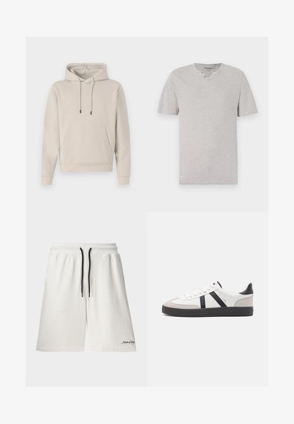 Sudadera con capucha en color beige claro, que cuenta con un bolsillo frontal, cordones y puños acanalados. Fabricada en tejido suave y liso con un corte relajado.; Camiseta de manga corta, a rayas grises y blancas, con cuello redondo y detalle de dos botones en el escote. Tejido suave con un ajuste casual.; Shorts de algodón blancos con cintura ajustable y detalles en negro. Presentan bolsillos laterales y un pequeño logo en el dobladillo. Textura suave.; Zapatilla blanca con acentos en negro y gris, que presenta una puntera texturizada en gris, suela de goma negra y cordones planos blancos. Diseño limpio, estilo minimalista.