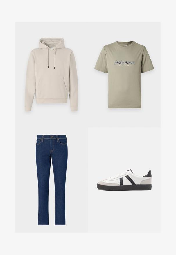 Hoodie in lichtbeige, met een voorzak, trekkoorden en geribbelde manchetten. Gemaakt van zacht, glad materiaal met een losse pasvorm.; Olijfgroene katoenen T-shirt met korte mouwen, voorzien van een wit "Jack & Jones"-logo en de tekst "Creative Dept" in een eenvoudig, strak ontwerp.; Donkerblauwe denim jeans met een recht model, voorzien van subtiele stiksels, vijf zakken en een knoopsluiting bij de taille.; Witte sneaker met zwarte en grijze accenten, voorzien van een grijze neus met textuur, zwarte rubberen zool en platte witte veters. Schoon ontwerp, minimalistische stijl.
