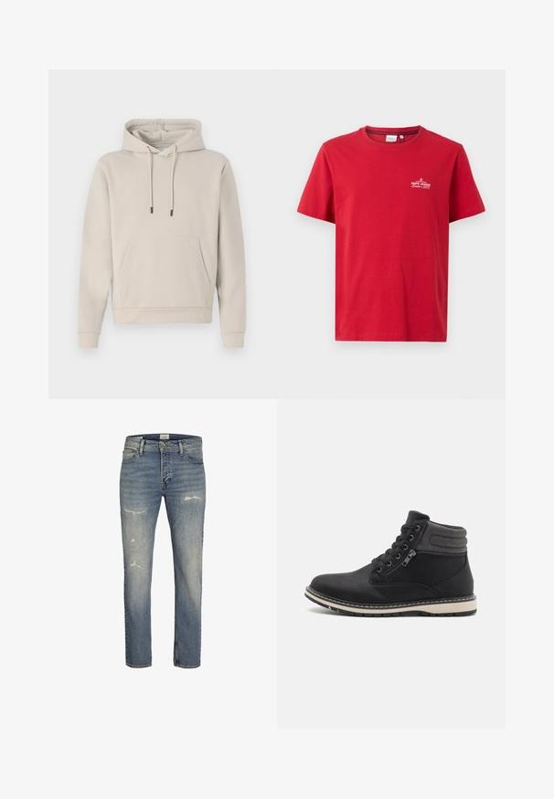 Huppari vaaleassa beigeessä, jossa on etutasku, nyörit ja ribattu hihansuu. Valmistettu pehmeästä ja sileästä kankaasta, jossa on rento leikkaus.; Pepe Jeans THIAGO TEE - Printtipaita - rugby red; Vaaleansiniset farkut, joissa on suora lahje, etupuolella kulutettua ilmettä, sekä klassinen viiden taskun malli vetoketjulla.; Mustat nilkkurit, jotka on valmistettu teksturoidusta synteettisestä materiaalista. Niissä on nauhakiinnitys edessä ja sivuvetoketju, sekä kontrastoiva valkoinen kumipohja.