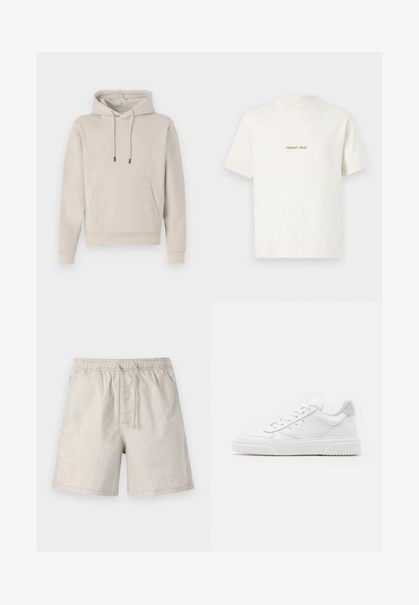 Kapuzensweatshirt in hellbeige, mit einer Fronttasche, Kordelzügen und gerippten Bündchen. Aus weichem, glattem Stoff gefertigt mit einer lockeren Passform.; Cremefarbens Baumwoll-T-Shirt mit kurzen Ärmeln, Rundhalsausschnitt und gesticktem "Original Studio"-Logo in Gold auf der Brust. Weiche Textur.; Beige Shorts aus leichtem Stoff, mit elasticem Taillenbund, Zugband und Seitentaschen mit kontrastierender Naht.; Weiße Leder-Sneaker mit glatter Oberfläche, rundem Zehenbereich, flachen Schnürsenkeln und strukturiertem Schuhsohlen. Graues Wildleder-Detail an der Ferse.