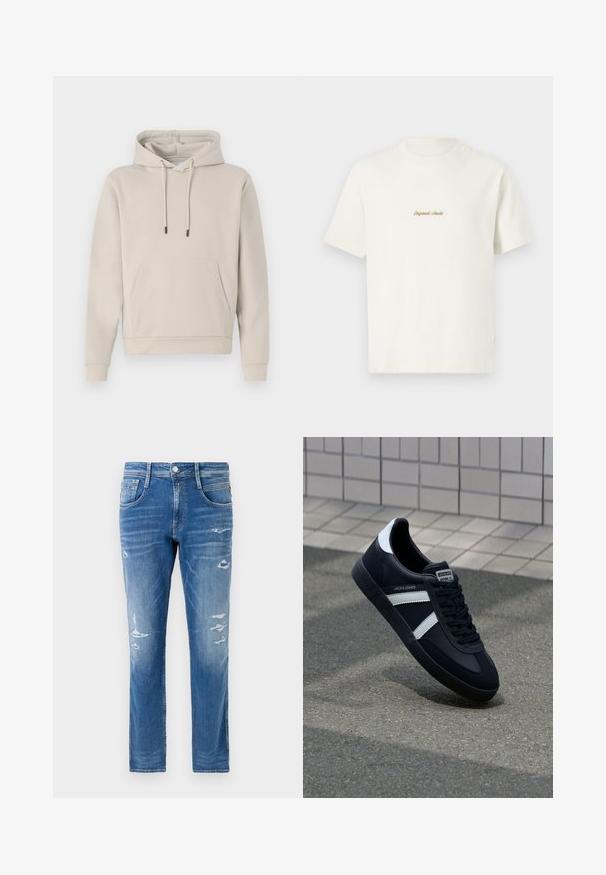 Hættebluse i lys beige med en frontlomme, snoretræk og ribbede manchetter. Lavet af blødt, glat stof med en afslappet pasform.; Cremefarvet bomulds T-shirt med korte ærmer, rund hals og broderet "Original Studio" logo i guld på brystet. Blød tekstur.; Denim jeans i en lys blå vask med almindelig pasform. Har slidte detaljer og subtilt slid ved lommerne og knæene.; Sort lædersneaker med hvide striber, tekstureret gummisål og snørrebånd foran. Har et brandet mærke på tungen.