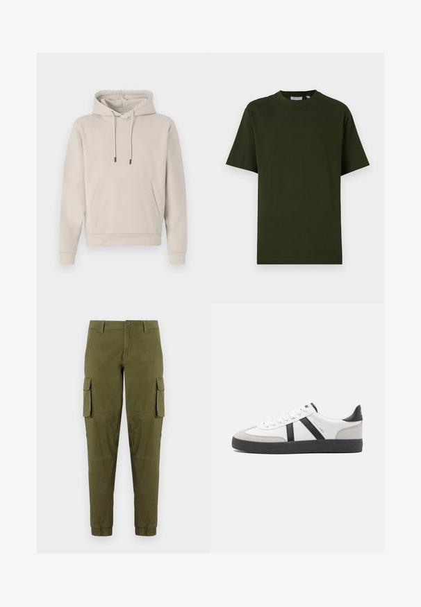 Hættebluse i lys beige med en frontlomme, snoretræk og ribbede manchetter. Lavet af blødt, glat stof med en afslappet pasform.; Mørkegrøn, kortærmet t-shirt lavet af bomuld. Rund hals, afslappet pasform og glat tekstur uden synlige mønstre eller accenter.; Olivengrønne cargo-bukser med elastiske manchetter, der har to sidelommer, en frontlukning med knap og et glat, let materiale.; Hvide sneakers med sorte og grå detaljer, med en tekstureret grå tåhætte, sort gummisål og flade hvide snørebånd. Rent design, minimalistisk stil.