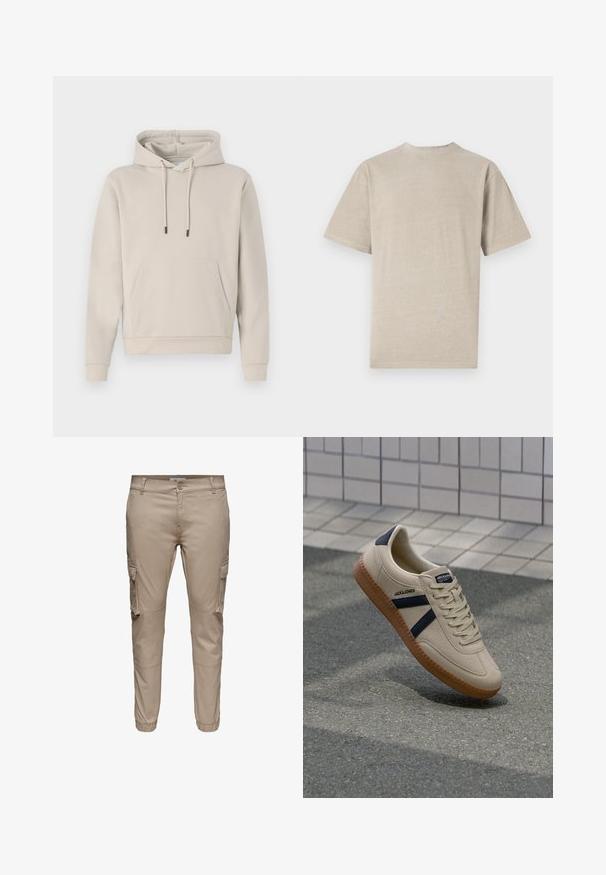 Sweat-shirt à capuche beige clair, avec une poche avant, des cordons de serrage et des poignets côtelés. Fabriqué en tissu doux et lisse avec une coupe décontractée.; T-shirt à manches courtes en beige clair avec un col rond, fabriqué en tissu doux, présentant une texture lisse et un design simple sans graphismes.; Pantalon cargo beige à coupe slim avec poches à rabat latérales, fermeture par boutons, passants pour ceinture et poignets élastiques aux chevilles.; Baskets beiges avec une finition texturée, bandes navy et semelle en caoutchouc. Équipées d'une languette rembourrée et d'un système de laçage traditionnel pour un maintien sécurisé.