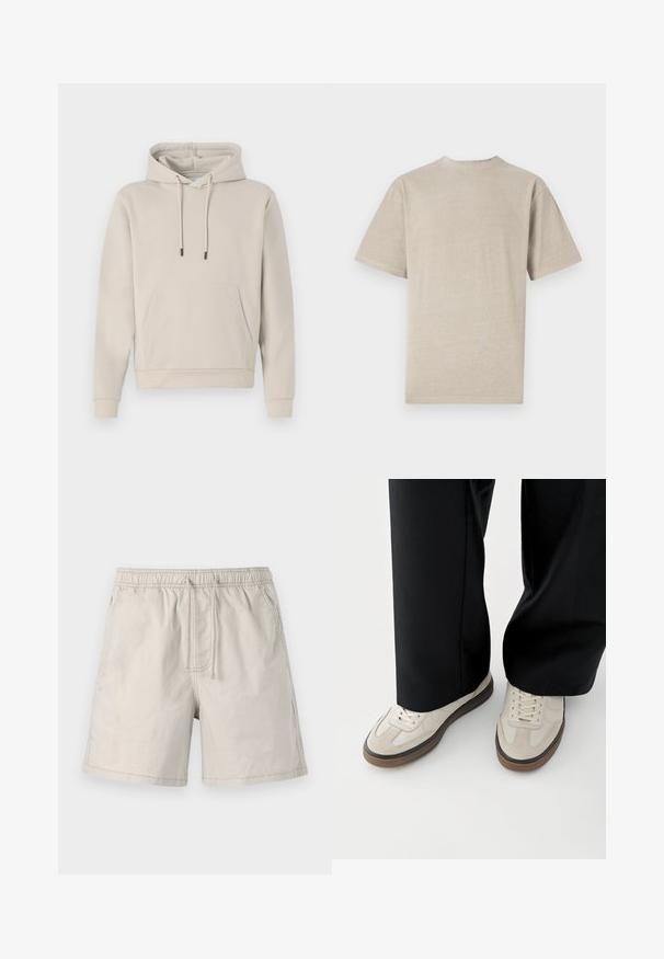 Sudadera con capucha en color beige claro, que cuenta con un bolsillo frontal, cordones y puños acanalados. Fabricada en tejido suave y liso con un corte relajado.; Camiseta de manga corta en beige claro con cuello redondo, fabricada en un tejido suave, que presenta una textura lisa y un diseño simple sin gráficos.; Pantalones cortos beiges hechos de una tela ligera, con cinturilla elástica, cordón y bolsillos laterales con costuras en contraste.; Pies con zapatillas beige con suelas marrones y pantalones negros de pierna ancha sobre un fondo blanco.