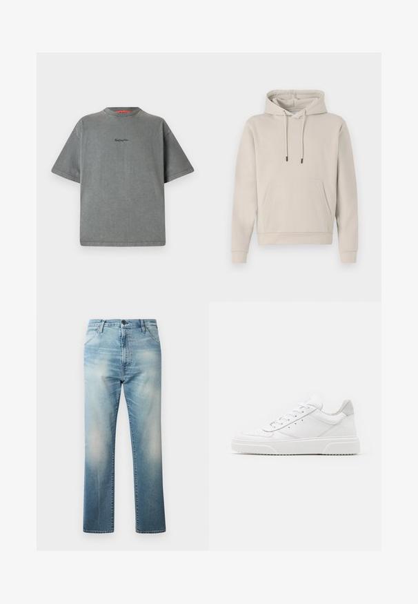 Kapuzensweatshirt in hellbeige, mit einer Fronttasche, Kordelzügen und gerippten Bündchen. Aus weichem, glattem Stoff gefertigt mit einer lockeren Passform.; Replay Inc. T-Shirt basic - stoned grey; Replay WAINE PANTS - Jeans Relaxed Fit - light blue; Weiße Leder-Sneaker mit glatter Oberfläche, rundem Zehenbereich, flachen Schnürsenkeln und strukturiertem Schuhsohlen. Graues Wildleder-Detail an der Ferse.