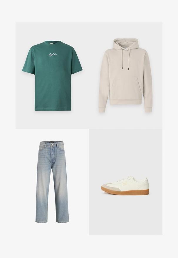 Sudadera con capucha en color beige claro, que cuenta con un bolsillo frontal, cordones y puños acanalados. Fabricada en tejido suave y liso con un corte relajado.; Camiseta de algodón verde con escote redondo y mangas cortas. Presenta texto en cursiva blanca "high tea" en la parte frontal. Diseño sencillo, sin patrones.; Vaqueros de mezclilla de color azul claro con un diseño de pierna recta, apariencia descolorida, cinco bolsillos y un cierre de botón en la cintura.; Zapatilla de cuero blanca con puntera beige y suela de goma marrón claro. Presenta cordones planos blancos y una marca en relieve en el lateral.