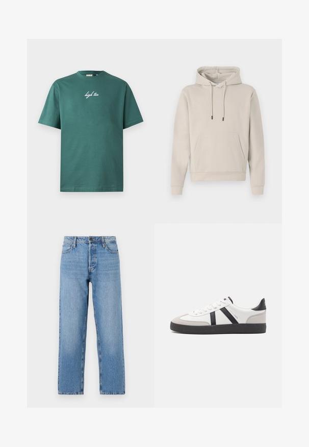Hættebluse i lys beige med en frontlomme, snoretræk og ribbede manchetter. Lavet af blødt, glat stof med en afslappet pasform.; Grøn bomuld T-shirt med rund hals og korte ærmer. Har hvid, kursiv tekst "high tea" på forsiden. Enkel design, ingen mønstre.; Lyseblå denimjeans med lige ben, der har en knap- og lynlås lukning, fem lomme-stil og subtilt slid.; Hvide sneakers med sorte og grå detaljer, med en tekstureret grå tåhætte, sort gummisål og flade hvide snørebånd. Rent design, minimalistisk stil.