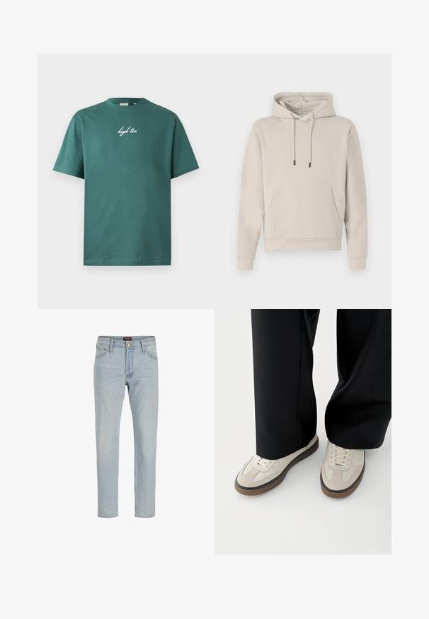 Hættebluse i lys beige med en frontlomme, snoretræk og ribbede manchetter. Lavet af blødt, glat stof med en afslappet pasform.; Grøn bomuld T-shirt med rund hals og korte ærmer. Har hvid, kursiv tekst "high tea" på forsiden. Enkel design, ingen mønstre.; Lysblå denim jeans med lige snit, fem-lommet design, knaplukning og let slidt tekstur.; Fødder iført beige sneakers med brune såler og sorte bukser med vide ben på hvid baggrund.