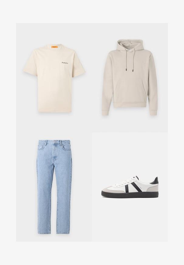 Sudadera con capucha en color beige claro, que cuenta con un bolsillo frontal, cordones y puños acanalados. Fabricada en tejido suave y liso con un corte relajado.; Replay Inc. ESSENTIAL LOGO UNISEX - Camiseta básica - ivory; Vaqueros de mezclilla de color azul claro con un diseño de pierna recta, cinco bolsillos y cierre de botones. Textura suave con un acabado clásico descolorido.; Zapatilla blanca con acentos en negro y gris, que presenta una puntera texturizada en gris, suela de goma negra y cordones planos blancos. Diseño limpio, estilo minimalista.