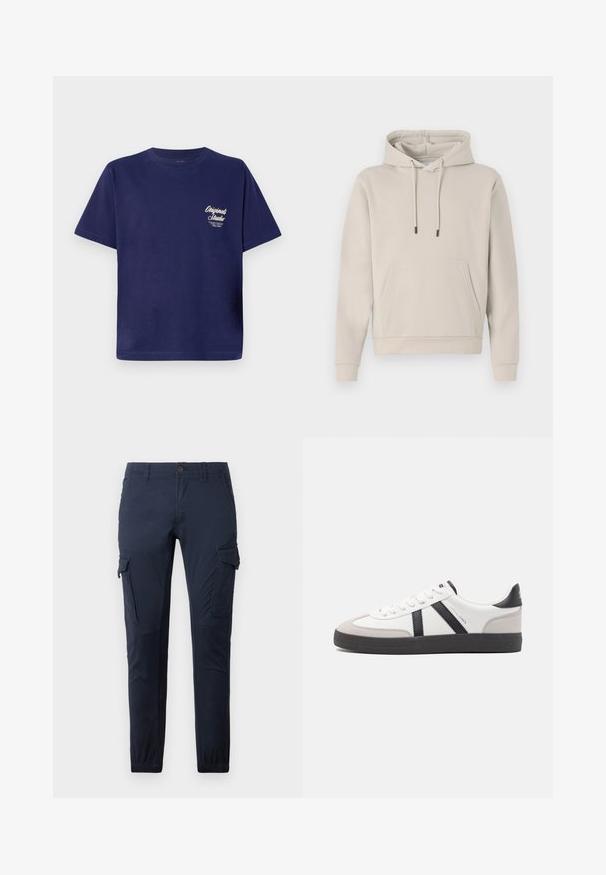 Kapuzensweatshirt in hellbeige, mit einer Fronttasche, Kordelzügen und gerippten Bündchen. Aus weichem, glattem Stoff gefertigt mit einer lockeren Passform.; Dunkelblaues Baumwoll-T-Shirt mit kurzen Ärmeln, Rundhals und kleinen weißen Textgrafiken auf der linken Vorderseite. Einfaches, einfarbiges Design.; Marine Cargo-Hosen aus strapazierfähigem Material, mit mehreren Taschen, einem Bund mit Knopf und elastischen Bündchen an den Knöcheln.; Weiße Sneaker mit schwarz- und grau-aczenten, ausgestattet mit einer strukturierten grauen Zehenkappe, schwarzer Gummi-Sohle und flachen weißen Schnürsenkeln. Sauberes Design, minimalistische Stil.