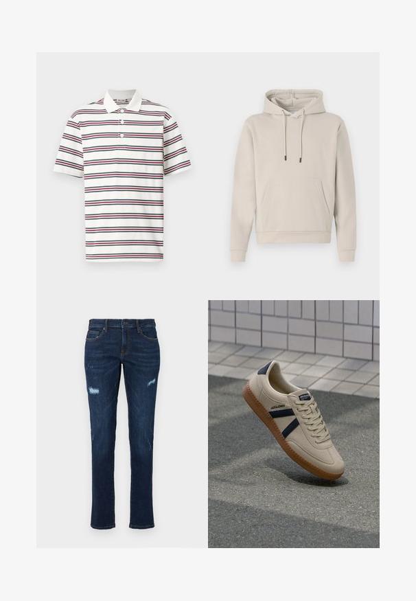 Sweat-shirt à capuche beige clair, avec une poche avant, des cordons de serrage et des poignets côtelés. Fabriqué en tissu doux et lisse avec une coupe décontractée.; Polo shirt à manches courtes en blanc avec des rayures horizontales en bleu marine, rouge et vert. Il dispose d'un col classique et d'une patte de boutonnage à trois boutons.; Jean en denim bleu foncé avec une coupe droite, présentant des déchirures usées au niveau des genoux, des poches traditionnelles et des coutures contrastantes visibles.; Baskets beiges avec une finition texturée, bandes navy et semelle en caoutchouc. Équipées d'une languette rembourrée et d'un système de laçage traditionnel pour un maintien sécurisé.