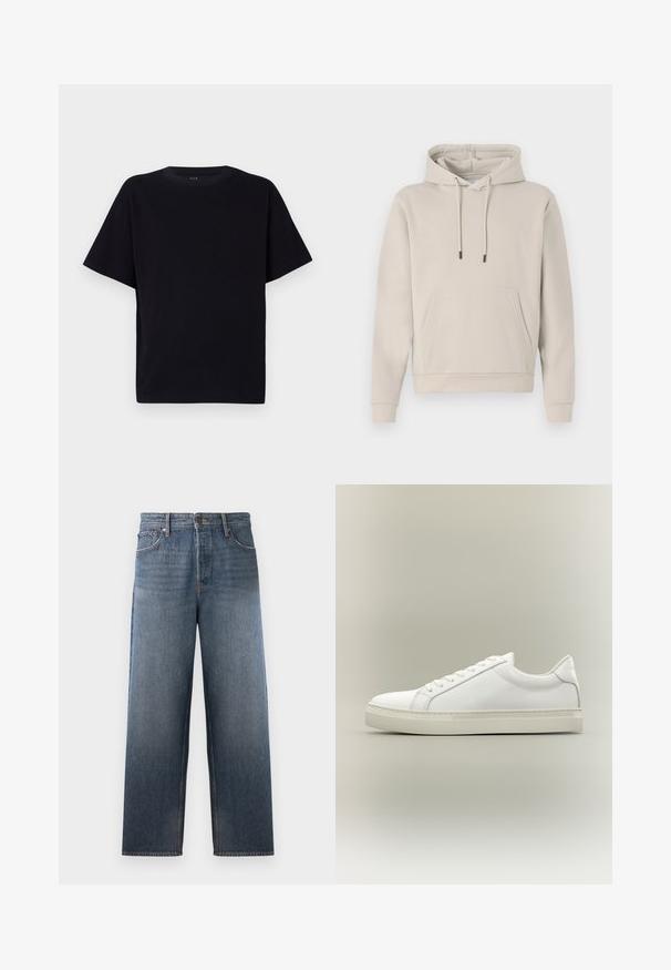 Kapuzensweatshirt in hellbeige, mit einer Fronttasche, Kordelzügen und gerippten Bündchen. Aus weichem, glattem Stoff gefertigt mit einer lockeren Passform.; Schwarzes kurzärmliges T-Shirt mit Rundhalsausschnitt. Hergestellt aus weichem Stoff, mit lässiger Passform und ohne sichtbare Muster oder Akzente.; Jeans aus Denim in mittlerem Blau mit einem geraden Bein Design, ausgestattet mit fünf Taschen, einem Knopf- und Reißverschluss sowie subtilen Verblassungen.; Weißer Sneaker mit niedrigem Schaft, vorn mit Schnürung und dicker Sohle, aus der Seitenansicht vor neutralem Hintergrund.