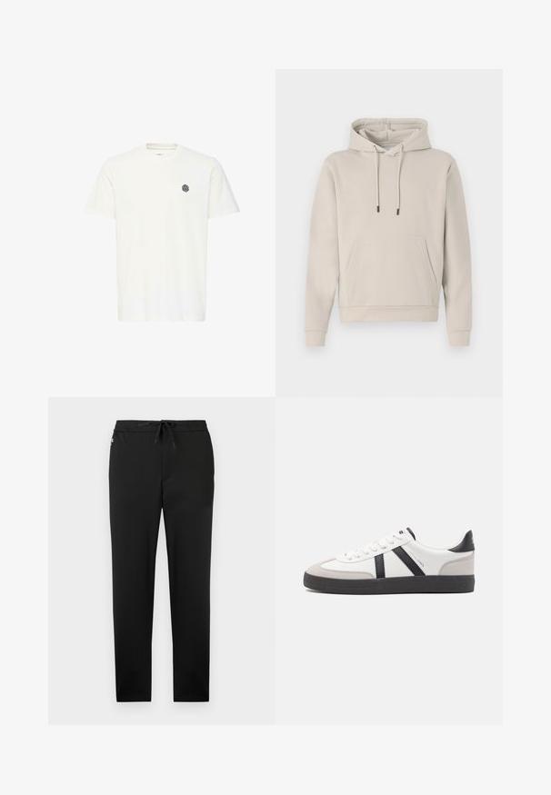 Hættebluse i lys beige med en frontlomme, snoretræk og ribbede manchetter. Lavet af blødt, glat stof med en afslappet pasform.; Hvid kortærmet T-shirt lavet af bomuld, med et lille sort geometrisk logo på venstre bryst. Lige snit og rund halsudskæring.; Jack & Jones Joggers Tapered Fit - Bukser - black; Hvide sneakers med sorte og grå detaljer, med en tekstureret grå tåhætte, sort gummisål og flade hvide snørebånd. Rent design, minimalistisk stil.