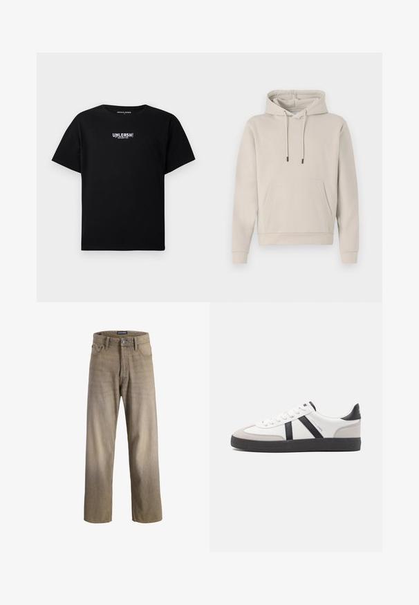 Sweat-shirt à capuche beige clair, avec une poche avant, des cordons de serrage et des poignets côtelés. Fabriqué en tissu doux et lisse avec une coupe décontractée.; T-shirt noir en coton avec des manches courtes et un col rond. L'avant possède un texte graphique blanc "UNLEASH!" imprimé au centre.; Jeans en denim brun clair avec une coupe droite, comportant cinq poches et une fermeture à bouton. Texture délavée avec des effets de dégradé subtils.; Baskets blanches avec des accents noirs et gris, présentant un embout texturé gris, une semelle en caoutchouc noir et des lacets plats blancs. Design épuré, style minimaliste.