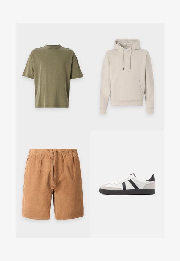 Hættebluse i lys beige med en frontlomme, snoretræk og ribbede manchetter. Lavet af blødt, glat stof med en afslappet pasform.; Olivengrønt crop t-shirt lavet af blødt stof med høj rund hals og korte ærmer i en afslappet skæring.; Brune kordfløjlsshorts med elastisk talje og justerbar snor, med vertikal ribbet tekstur og sidelommer.; Hvide sneakers med sorte og grå detaljer, med en tekstureret grå tåhætte, sort gummisål og flade hvide snørebånd. Rent design, minimalistisk stil.
