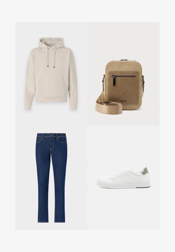 Kapuzensweatshirt in hellbeige, mit einer Fronttasche, Kordelzügen und gerippten Bündchen. Aus weichem, glattem Stoff gefertigt mit einer lockeren Passform.; Dunkelblaue Denim-Jeans mit einem geraden Bein-Design, das subtile Nähte, fünf Taschen und einen Knopfverschluss an der Taille aufweist.; Weißer Sneaker aus glattem Leder, runde Zehenpartie, minimalistisches Design, graue Fersenkante und strukturierte Gummisohle.; Kleine beige Umhängetasche mit vorderer Reißverschlusstasche, metallischem ALDO-Logo, verstellbarem breitem Riemen und abgerundeter rechteckiger Form vor weißem Hintergrund.