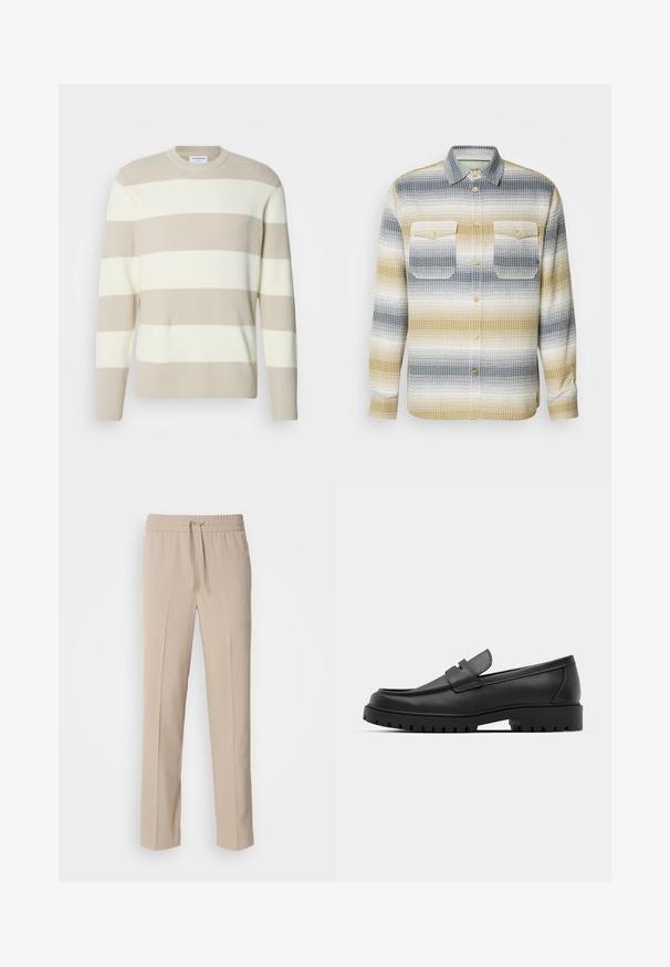 Pull en tricot beige à rayures avec une texture côtelée, présentant de larges rayures crème, un col rond et des manches longues.; Chemise en tissu avec un motif à carreaux dans des rayures bleu marine, gris et moutarde, dotée d'un devant à boutons et de deux poches sur la poitrine.; Pantalons beiges, coupe décontractée, fabriqués en tissu doux, dotés d'une taille élastique avec cordon de serrage et de jambes droites avec des accents minimalistes.; Mocassins en cuir noir à bout arrondi, avec un design cousu, une semelle plateforme basse et une semelle en caoutchouc texturée et crantée.