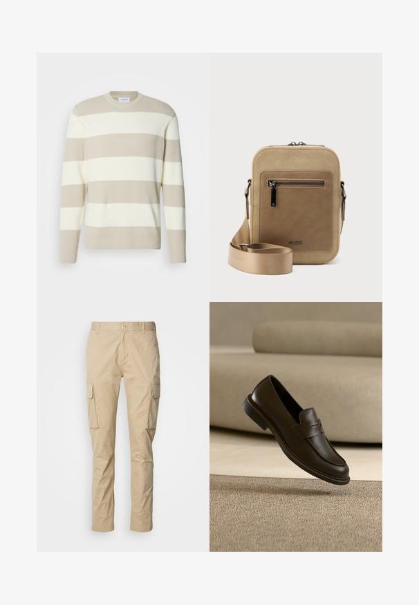 Pull en tricot beige à rayures avec une texture côtelée, présentant de larges rayures crème, un col rond et des manches longues.; Pantalons cargo beiges à coupe droite, dotés de deux grandes poches latérales, d'une fermeture à bouton et fabriqués en tissu en coton léger.; Un seul mocassin en cuir brun foncé flottant au-dessus d’un tapis texturé beige, avec un canapé beige flou en arrière-plan.; Petit sac bandoulière beige avec poche avant zippée, logo métallique ALDO, sangle large ajustable et forme rectangulaire arrondie sur fond blanc.