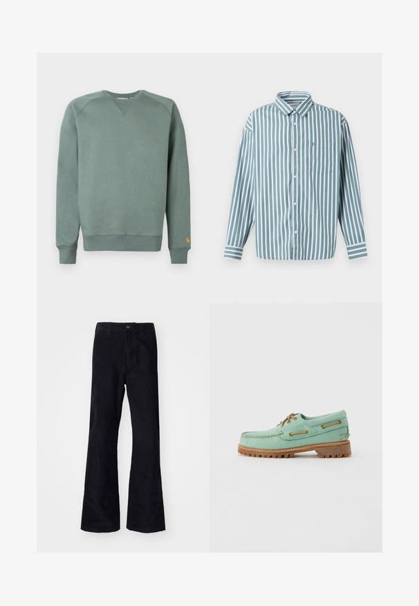 Sweat-shirt vert à manches longues, avec poignets et ourlet côtelés, en tissu texturé et arborant un petit logo sur la manche gauche.; Chemise boutonnée à rayures bleu clair et blanche, à manches longues, avec un col et une poche poitrine. Fabriquée en tissu tissé lisse.; Pantalons évasés noirs en coton avec une taille traditionnelle, un bouton à l'avant et des poches sur les côtés et à l'arrière. Texture lisse.; Chaussure bateau en cuir vert clair avec des lacets et œillets marron, équipée d'une semelle en caoutchouc épaisse et texturée et de détails cousus le long des bords.