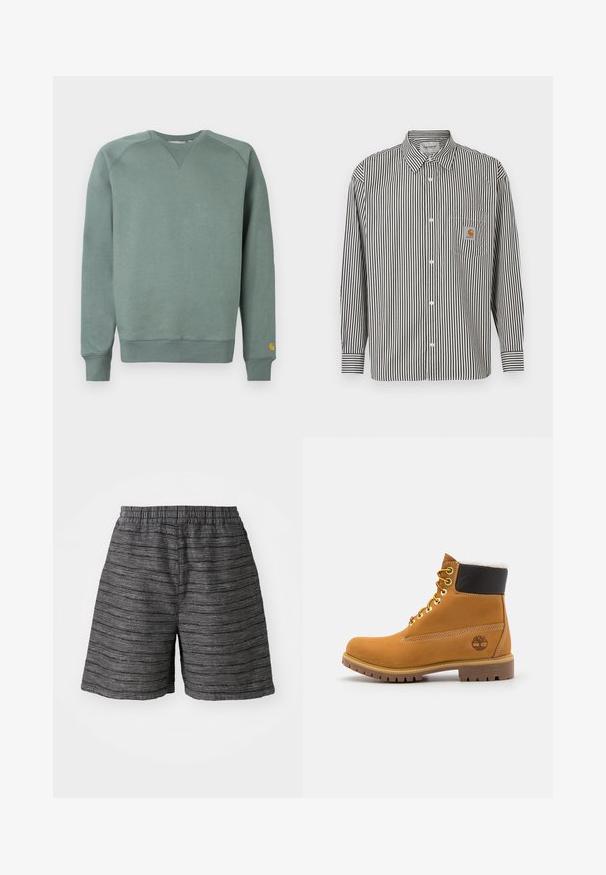 Sweat-shirt vert à manches longues, avec poignets et ourlet côtelés, en tissu texturé et arborant un petit logo sur la manche gauche.; Chemise à manches longues à rayures verticales noires et blanches avec un col boutonné. Elle possède une poche poitrine avec un patch logo beige.; Shorts gris avec une taille élastique, fabriqués dans un tissu texturé avec des rayures horizontales. Longueur mi-cuisse et coupe décontractée.; Bottine en cuir brun avec œillets en métal, doublure en fourrure blanche, col rembourré noir, semelle robuste et logo en relief sur le côté.