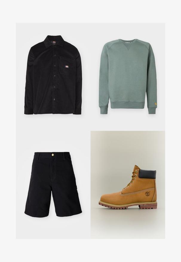 Grøn sweatshirt med lange ærmer, ribbet manchetter og kant, med et tekstureret stof og en lille logo på venstre ærme.; Sort corduroy skjorte med knap-ned krave, lange ærmer, forlommek og logo patch. Har et struktureret stof mønster.; Sorte denim shorts med knaplukning, med lige skæring, sidelommer og forstærket syning for holdbarhed.; Brun læderankelstøvle med sort krave, gule snørebånd og tanfarvet sål. Har logo og hvide syninger som detalje. Robust ydersål med greb.