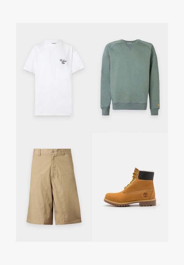 Sweat-shirt vert à manches longues, avec poignets et ourlet côtelés, en tissu texturé et arborant un petit logo sur la manche gauche.; T-shirt blanc à manches courtes avec le logo "Carhartt Wip" en écriture noire sur la poitrine gauche et un col rond.; Shorts kaki à coupe droite, confectionnés dans un tissu léger, dotés de deux poches avant et d'une fermeture par bouton à la taille.; Bottine en cuir brun avec œillets en métal, doublure en fourrure blanche, col rembourré noir, semelle robuste et logo en relief sur le côté.