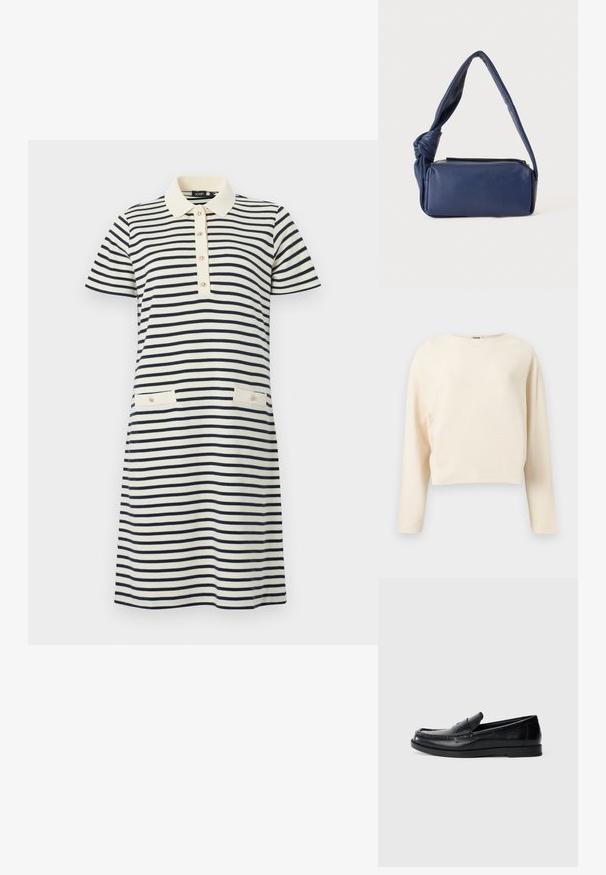 Pull court à manches longues de couleur crème avec un col rond, en tissu tricoté fin à côtes.; Robe à manches courtes, longueur genou, avec des rayures horizontales bleu marine sur fond blanc, un col blanc, un plastron à boutons et deux poches avant boutonnées.; Mocassins en cuir noir avec un design d'accent cousu, bout rond, semelle plate en caoutchouc et finition lisse. Silhouette classique et polyvalente.; Sac à bandoulière rectangulaire en cuir bleu foncé avec une sangle douce nouée et une fermeture éclair sur le dessus, présenté sur un fond uni.