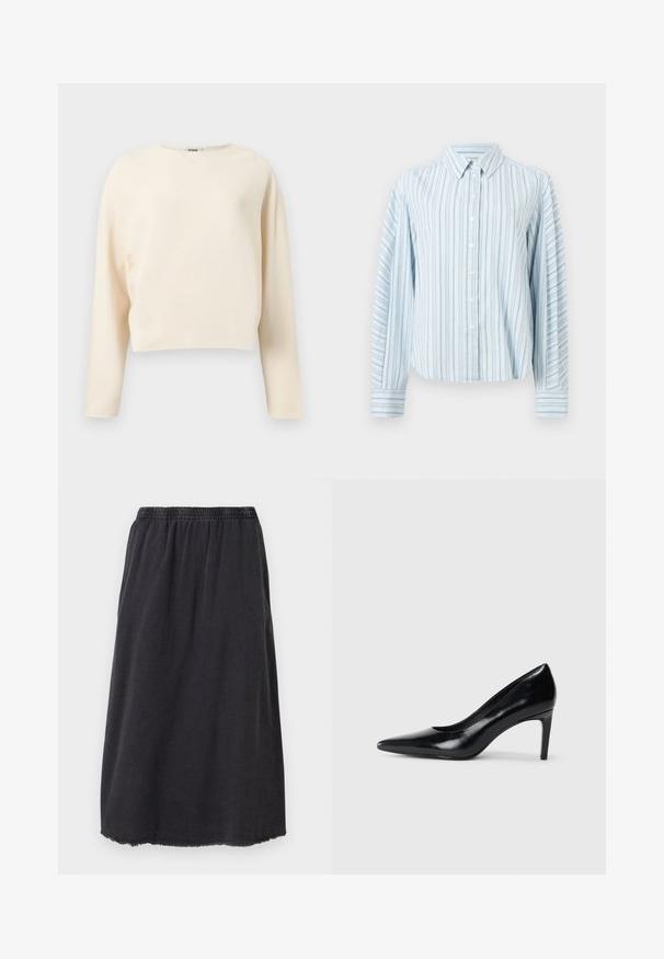 Kremfarvet cropped sweater med rund halsudskæring og lange ærmer, lavet af fint ribstrikket stof.; Lyseblå skjorte med knapper, lodrette tynde mørkeblå striber og lange ærmer, der har spids krave og knaplukning ved manchetterne.; Sort bomuldsskjørt med elastisk talje, knælangt, med en frynset kant og en simpel, lige silhouet.; Sort læder højhælede sko med spids tå, glat tekstur og en taperet hæl. Minimalistisk design uden yderligere udsmykninger.