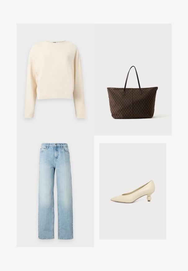 Roomkleurige cropped trui met lange mouwen en een ronde hals, gemaakt van fijn geribbelde gebreide stof.; Lichtblauwe denim wijdpijpen jeans met een klassiek vijfvak ontwerp, knoopsluiting en subtiele vervaging voor textuur.; Crèmekleurige pumps met een puntige neus en een lage, unieke bolvormige hak op een effen witte achtergrond.; Grote bruine draagtas met geruit patroon en smalle zwarte schouderbanden, rechtopstaand op een effen lichte achtergrond.