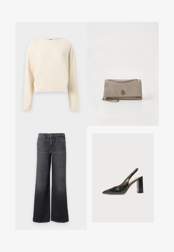 Kremfarvet cropped sweater med rund halsudskæring og lange ærmer, lavet af fint ribstrikket stof.; Bredde ben mørkegrå denimjeans med en subtil falmning, der har knaplukning, fem lommer og en lige kant ved anklen.; Sort læder kvindesko med slingback, spids tå og tyk blokhøj hæl på hvid baggrund.; Beige læder skuldertaske med en sølv kæde rem og en frontlukning detalje. Glat tekstur med rektangulær form og minimalistisk design.